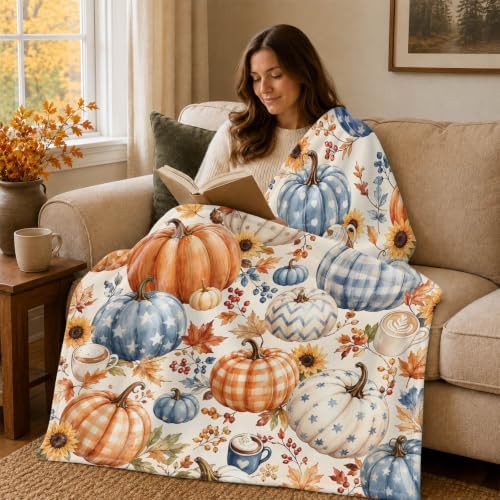 Aipon Fall Vintage Coffee Maple Leaf Pumpkin Throw Blanket