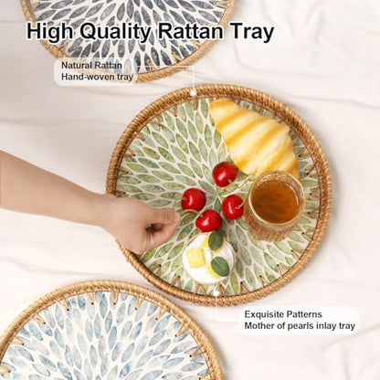 Round Rattan Tray with Mother of Pearl Inlay, Rattan Serving Tray for