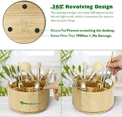Bamboo Rotating Pencil Holder for Desk,Pen Holder with 7 Compartments