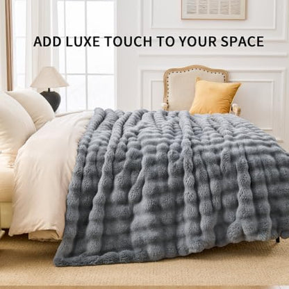 IKALIFE Cozy Bubble Faux Fur Twin Blanket for Couch, 60x80 Light Grey