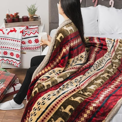 PAVILIA Premium Christmas Sherpa Throw Blanket, Green Red Cabin Design