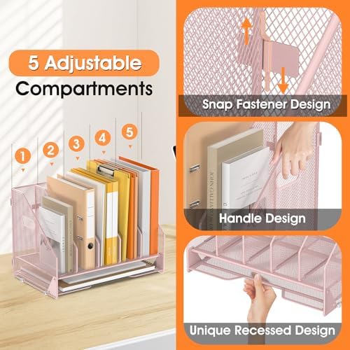5 Vertical Mesh Desk Organizer with Paper Letter Tray, Pink