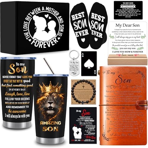 10 PCS Son Gifts from Mom with 20 Oz Tumbler, Leather Journal, Acrylic