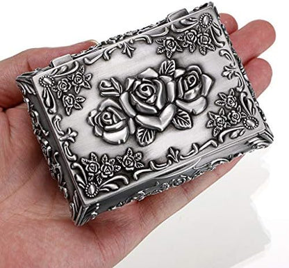 Hipiwe Vintage Jewelry Box Small Metal Trinket Box Engraved Rose for