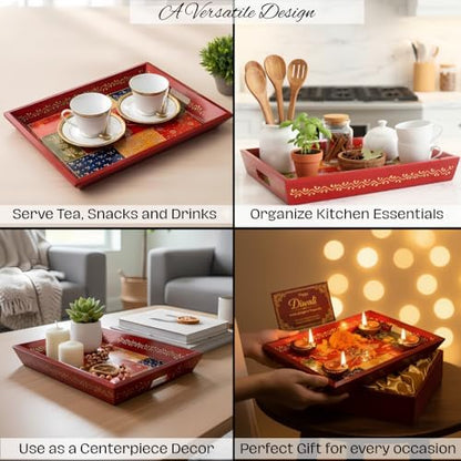Swadeshi Blessings Hand-Painted Wooden Serving Tray Set of 3, Antique