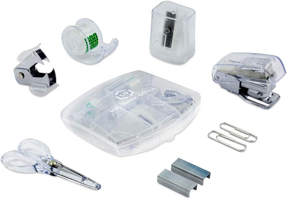LD Clear Mini Office Supply Kit, Portable Case (Stapler, Scissors & More)