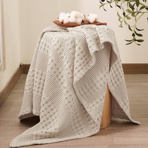 PHF Lightweight 100% Cotton Waffle Throw Blanket for Couch, Light