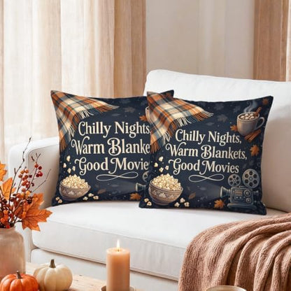 Cozy Movie Night Quote Projector Autumn Throw Pillow Covers 12x12 Set