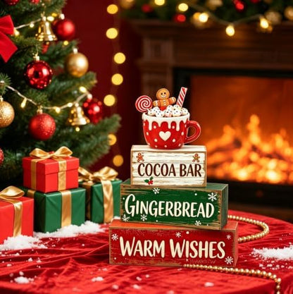 Gingerbread Tiered Tray Decor, 4 Pcs Wooden Block Signs, Christmas