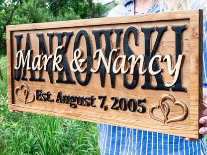 3D Wood Carved Personalized Wedding Gift Established Name Sign with