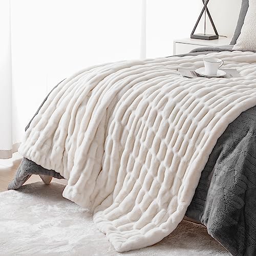 BATTILO Soft Ivory Faux Fur Throw Blanket for Couch, 50"x60", Double