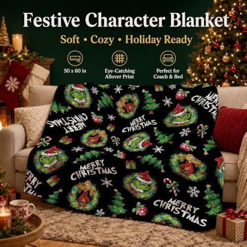 Holiday Character Christmas Throw Blanket, 50x60in Soft Flannel Green