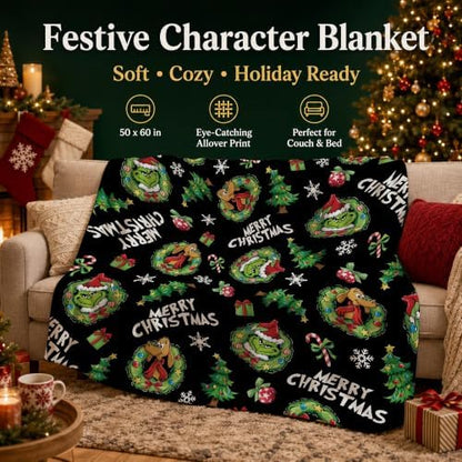 Holiday Character Christmas Throw Blanket, 50x60in Soft Flannel Green
