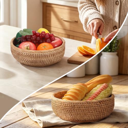 BTSKY 9.3" Round Rattan Remote Basket, Wicker Tray, Key Bowl for Home