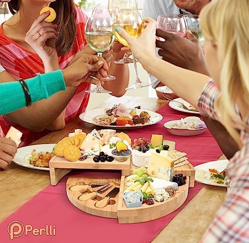 Perlli Bamboo Cheese Board & Knife Set, Large Folding 18 Inch Round