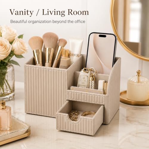 KINGFOM Luxury PU Leather Desk Organizer with Drawer, Modern Aesthetic