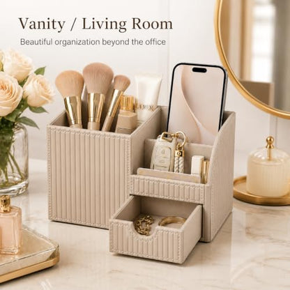 KINGFOM Luxury PU Leather Desk Organizer with Drawer, Modern Aesthetic