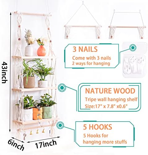 TENEWEE Boho Macrame Hanging Wall Shelf for Plant & Books Display