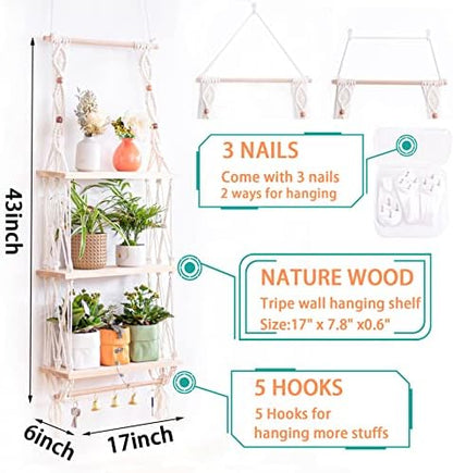 TENEWEE Boho Macrame Hanging Wall Shelf for Plant & Books Display