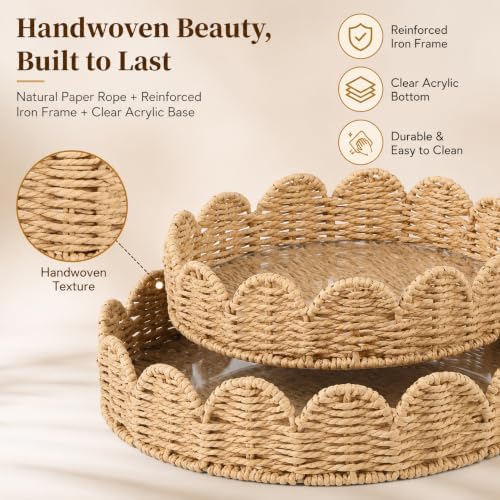 Scalloped Tray with Clear Acrylic Bottom, Round Woven Wicker Serving