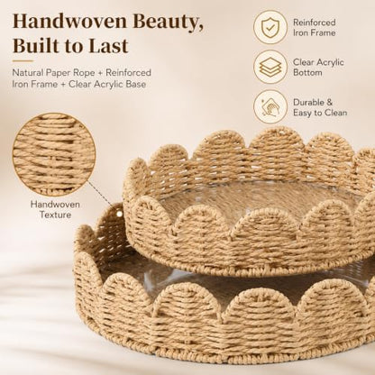 Scalloped Tray with Clear Acrylic Bottom, Round Woven Wicker Serving