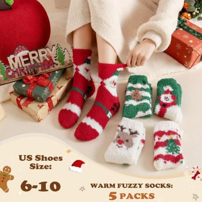 Trifabricy Fuzzy Socks, 5 Pairs Cute Chirstmas Fuzzy Socks for Women