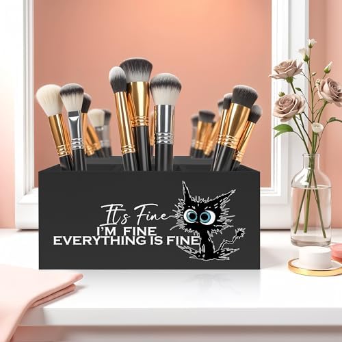 Funny Cute Black Cat Pencil Pen Holder for Desk, I'm Fine Everything