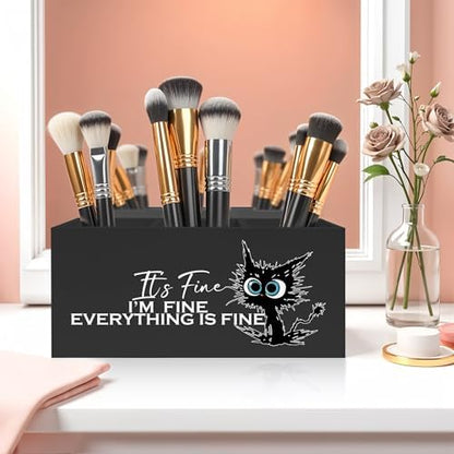 Funny Cute Black Cat Pencil Pen Holder for Desk, I'm Fine Everything