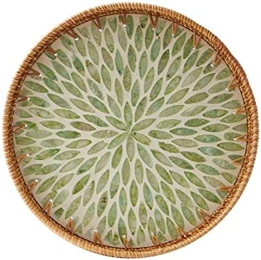 Round Rattan Tray with Mother of Pearl Inlay, Rattan Serving Tray with