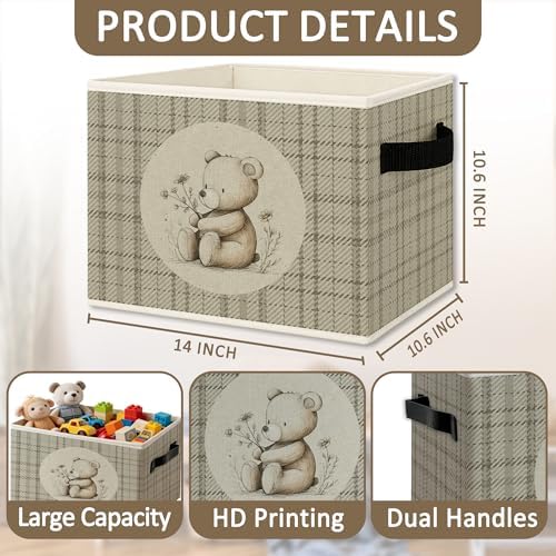 Bear Nursery Foldable Storage Bins Box with Handles, Neutral Gingham