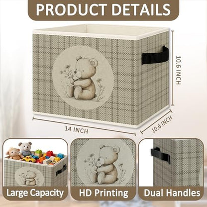Bear Nursery Foldable Storage Bins Box with Handles, Neutral Gingham