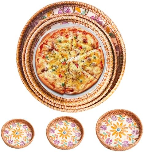 Joyeee 3 Pack Round Woven Tray, Large Medium Small Stackable Rattan
