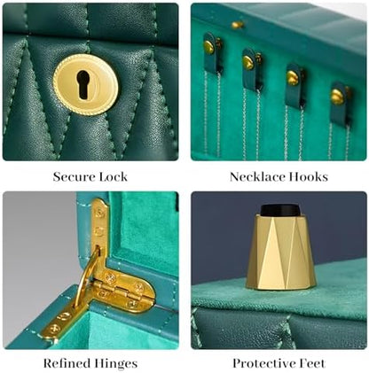 Genuine Leather Jewelry Box for Women, 3 Layer, Green