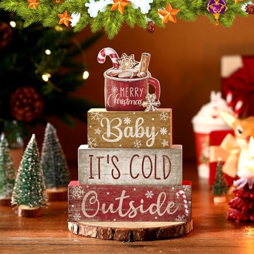 Moucuny 4 Pcs Christmas Table Decorations Indoor, Hot Cocoa Wood Block