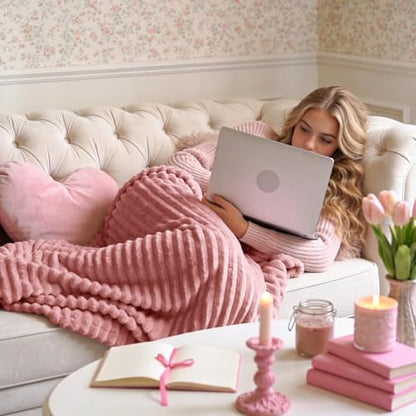 BEDELITE 3D Ribbed Jacquard Pink Fleece Throw Blanket for Couch, 50x60