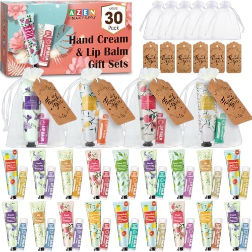AZEN 30 Sets Bulk Gifts, Hand Cream and Lip Balm Bulk Set with Organza