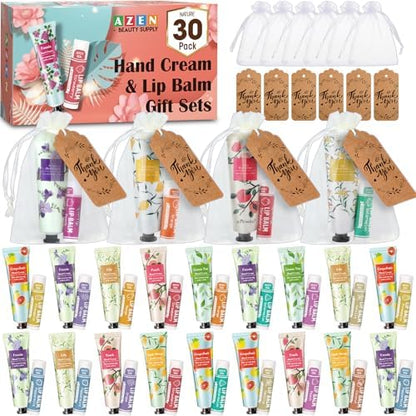 AZEN 30 Sets Bulk Gifts, Hand Cream and Lip Balm Bulk Set with Organza
