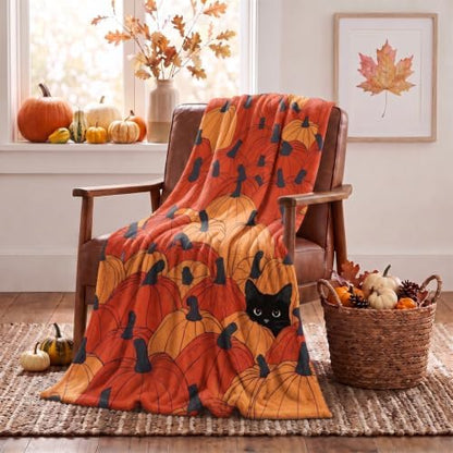 Horaldaily Fall Orange Pumpkin Cat Flannel Throw Blanket 50x60
