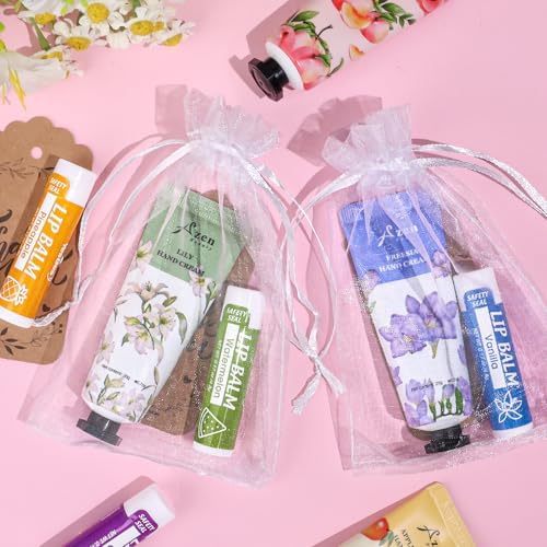 AZEN 16 Sets Bulk Gifts, Hand Cream and Lip Balm Bulk Set with Organza