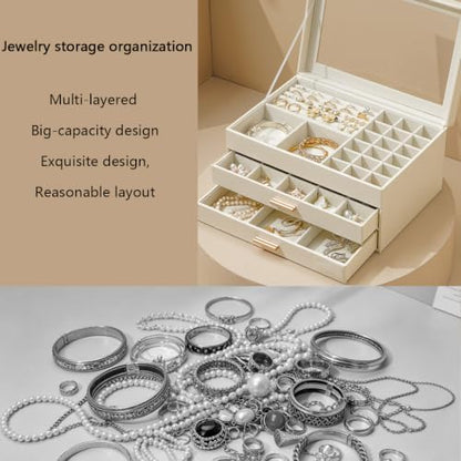 ZPROW Jewelry Box Organizer for Women with Glass Lid, 3-Layer Jewelry