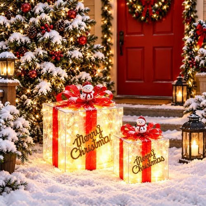 Set of 3 Christmas Lighted Gift Boxes, Pre-lit 60 LED Light Up Present