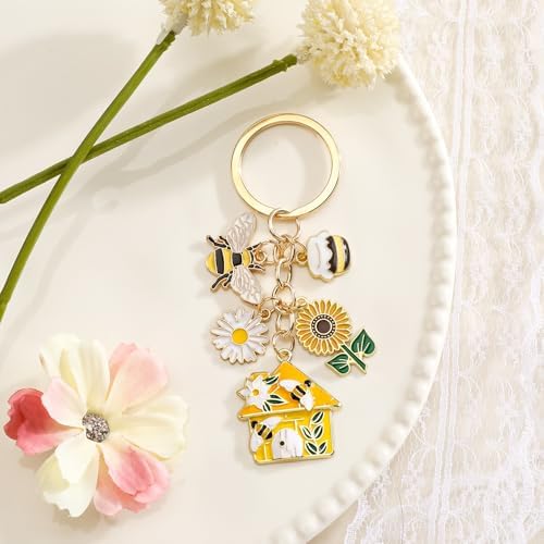 Bee Keychain,Sunflower Keychain with Honeycomb,Bee Gifts for Women