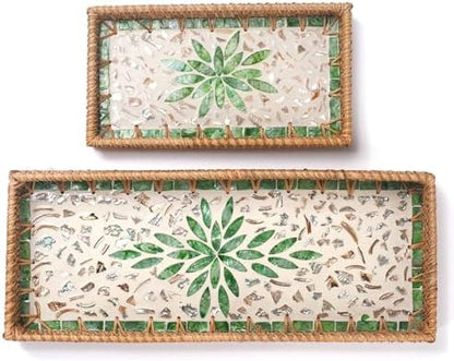 2 Pack Rattan Bathroom Vanity Tray with Mother of Pearl Inlay, Toilet
