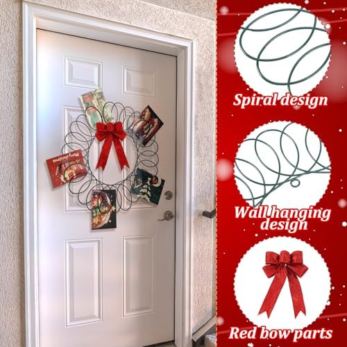 Fullhawl Christmas Card Holder Spiral Metal Wreath with Red Bow