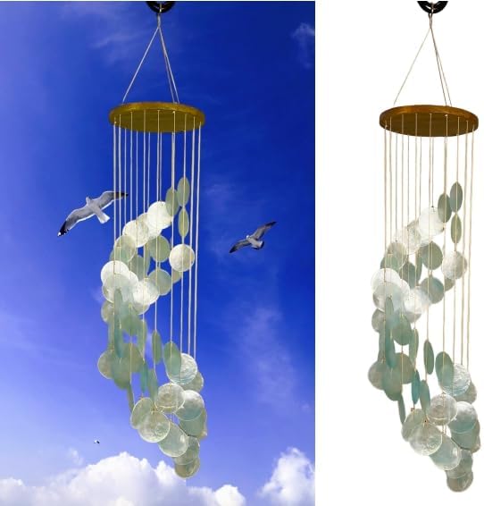 Top Brass Capiz Shell Wind Chime, 30" Spiral Coastal Outdoor Hanging