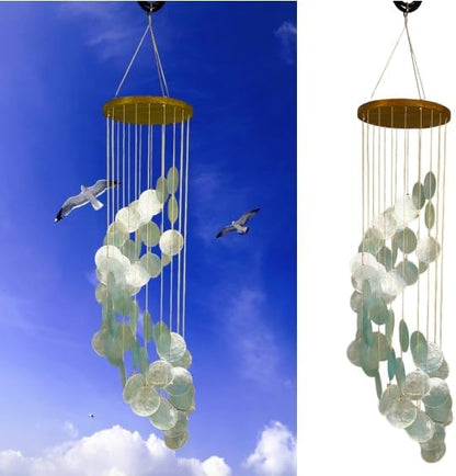 Top Brass Capiz Shell Wind Chime, 30" Spiral Coastal Outdoor Hanging