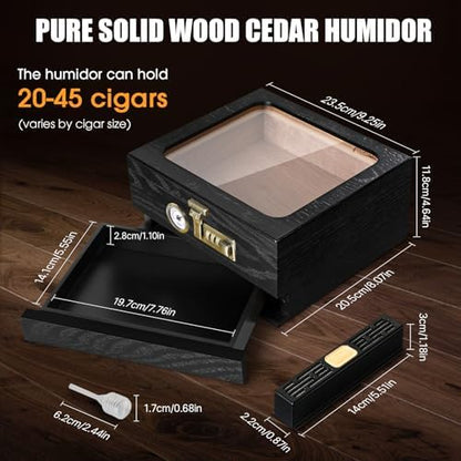 Tesonway Cigar Humidor, Cedar Wood Humidor Cigar Box, Glass Top