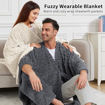 Wearable Blanket Poncho Cape Wrap for Adult, Cozy Sherpa Fleece
