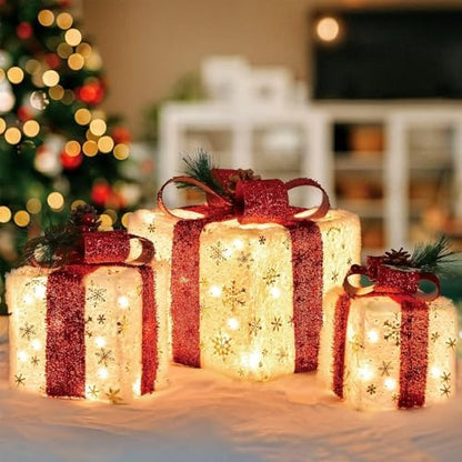 Set of 3 Lighted Boxes, Gold Snowflake