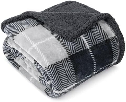 PAVILIA Plaid Sherpa Throw Blanket for Couch Sofa Bed, Dark Grey